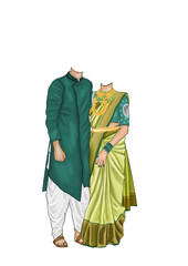 Stylish Indian Couple Caricature &ndash; Teal Kurta & Light Green Saree Vector for Modern Wedding & Festive Designs