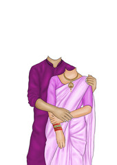 Editable caricature body template featuring a romantic Indian couple pose. The man wears a maroon kurta, while the woman is dressed in a light pink saree, with graceful hand placement. Ideal for weddi