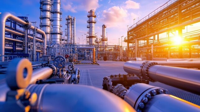 A vibrant industrial scene showcasing pipelines and machinery at a refinery during sunset, highlighting the complexity of energy production.
