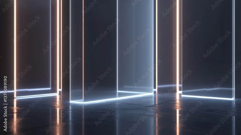 Poster futuristic glowing glass panels float above a polished floor in a softly illuminated modern space