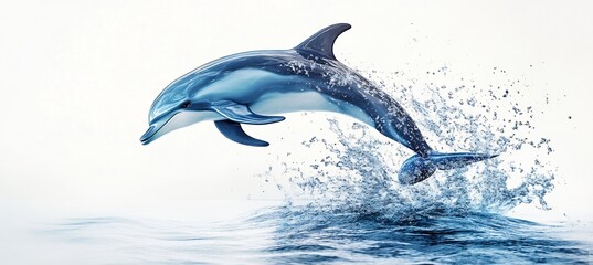  A playful dolphin leaping out of an imaginary sea, captured on a white background. 