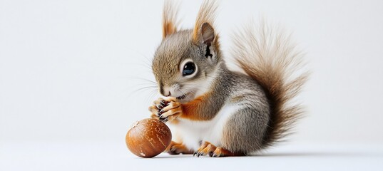  A playful baby squirrel with fluffy fur, sitting on a white background, holding an acorn. 