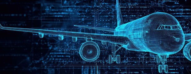 Digital wireframe airplane model showcasing advanced technology against a futuristic blue background, ideal for innovation, travel, and aerospace themes