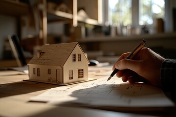 Home design blueprints, miniature house, and a pen