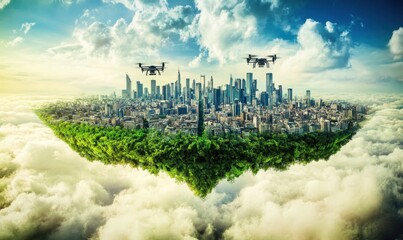 Drones monitor floating green city above clouds, eco urban future concept