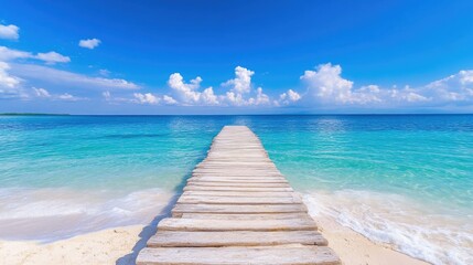 Fototapeta premium Tranquil wooden boardwalk leading to a turquoise ocean. Sunny beach scene