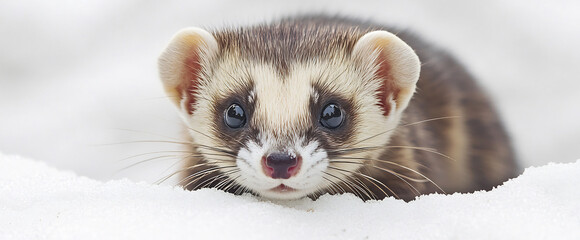  A playful ferret exploring curiously on a clean white surface. 