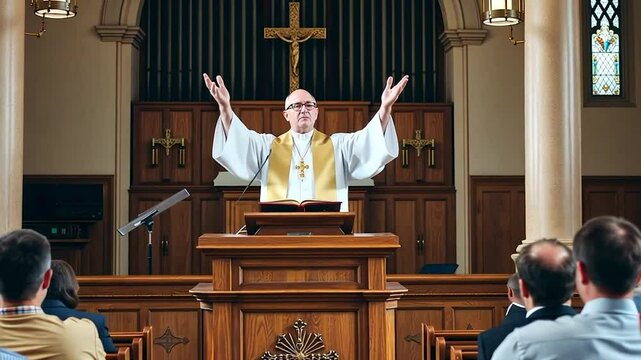 Inspirational sermon delivered by a church leader in front of congregation