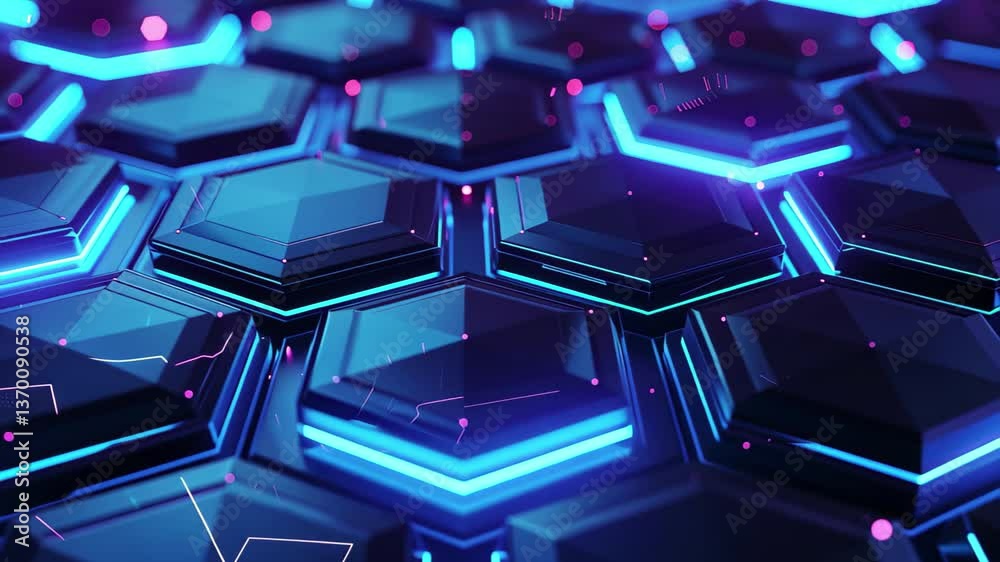 Poster abstract close-up view of glowing blue and purple hexagonal patterns illuminated in a futuristic des