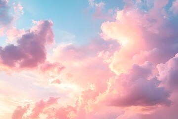 Serene sunset sky filled with fluffy clouds in pastel hues, creating a peaceful atmosphere