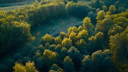 Aerial View of Tranquil Green Forest with Sunlight Filtering Through the Trees and Wildlife in Meadow