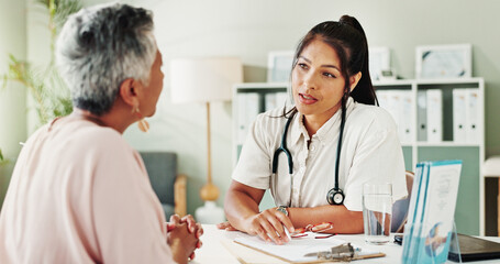 Obraz premium Appointment, consulting or healthcare with doctor and patient in office of hospital for checkup. Feedback, medical or update with medicine professional and mature woman in clinic for treatment
