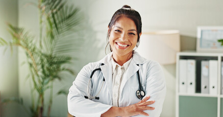 Portrait, doctor and woman with arms crossed, confident and happy for healthcare in clinic and life...
