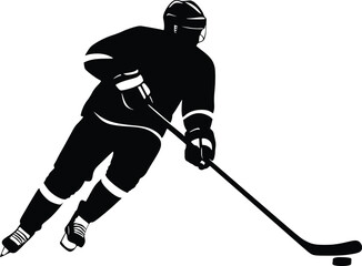 Ice hockey player silhouette vector illustration in action with stick and puck