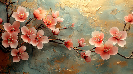 Pink blossoms on delicate branches against a gold and textured background with rocky outcroppings.