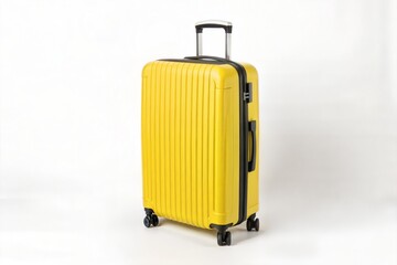 Bright yellow suitcase with black accents, isolated on a clean white background, showcasing its ribbed texture and travel-ready design