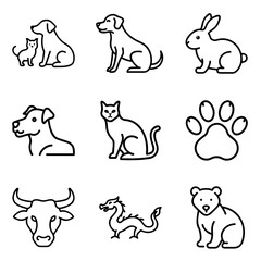 Fototapeta premium Animal Illustrations in Line Art Style on White Background 