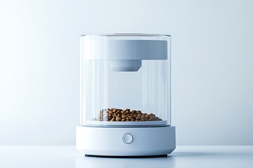Modern Automatic Pet Feeder with Transparent Hopper for Dry Food Dispensing, Minimalist Design