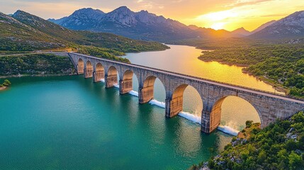 Majestic arch bridge spans tranquil lake at sunset.  Mountain backdrop
