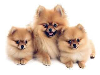 Obraz premium Adorable Trio of Fluffy Pomeranian Puppies on White Background - Perfect Pet Portrait for Dog Lovers