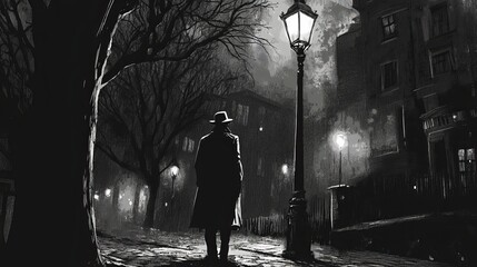 A classic detective comic-style noir scene with a man in a trench coat under a streetlamp 