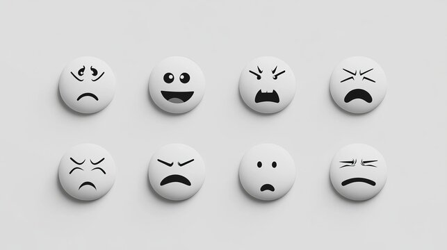 A collection of minimalist black and white emoji faces expressing different emotions