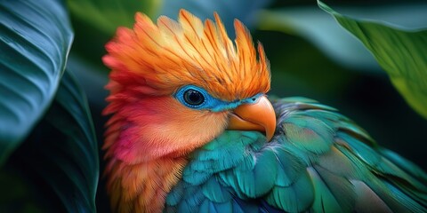 Obraz premium Vibrant parrot with vivid plumage nestled among lush green leaves.