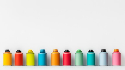 Colorful spray paint cans arranged on a clean white background
