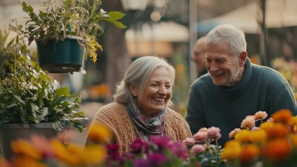Cheerful senior couple enjoys time together, laughing surrounded by vibrant flowers in garden. Happy retirement and gardening