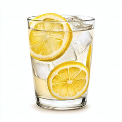 Refreshing Glass of Lemonade with Lemon Slices and Ice on Clear Background