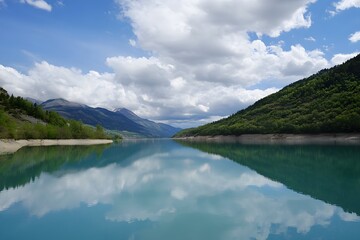 Calm turquoise lake mirroring clouds between mountains