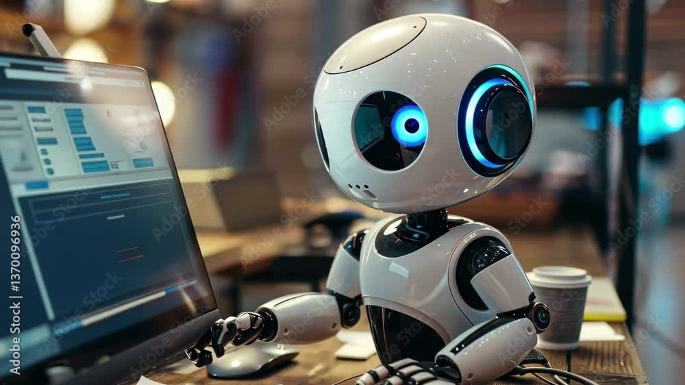 Poster a small robot interacts with a computer screen in a modern workspace filled with gadgets and tools d