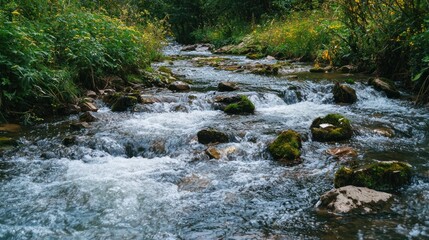 Fototapeta premium A polluted river flowing with plastic waste, showing how plastic pollution affects natural water bodies.