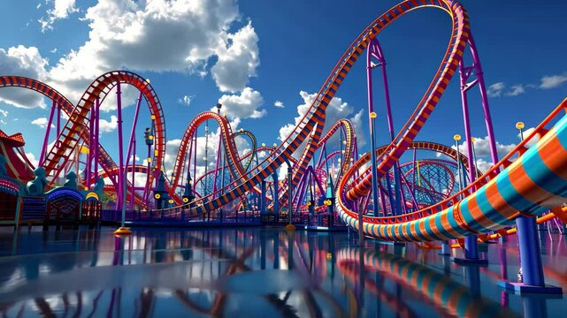 A vibrant amusement park featuring thrilling roller coasters and colorful attractions under a bright blue sky with fluffy clouds