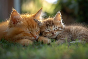 Obraz premium Two Adorable Kittens Napping Together Outdoors.Orange and Tabby Kittens in Sweet Slumber