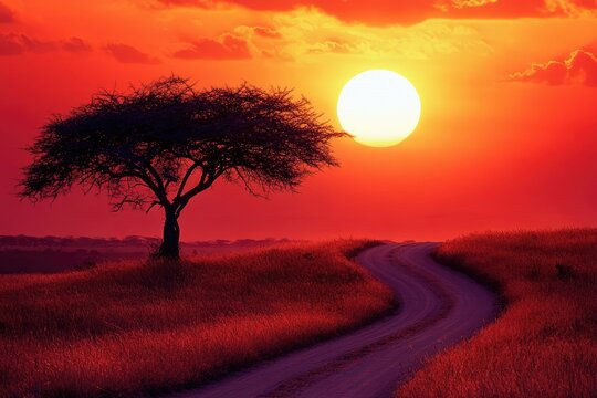 A breathtaking sunset over the African savanna. A lone acacia tree stands silhouetted against a vibrant fiery sky. A winding dirt road leads into the horizon - Powered by Adobe