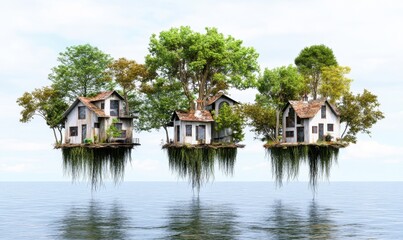 Obraz premium Floating island homes with trees over serene water, ideal for fantasy concepts
