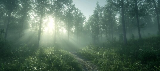  A quiet forest path illuminated by dappled sunlight, with tall trees arching overhead and the soft crunch of leaves underfoot as a gentle breeze rustles through the branches. 