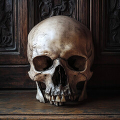 Obraz premium Realistic Human Skull on Dark Background with Dramatic Shadow and Lighting