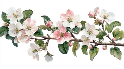 Obraz premium Beautiful Apple Tree Branch with Pink and White Blossoms and Fresh Green Leaves, Isolated on a White Background, Capturing the Essence of Spring and Floral Beauty