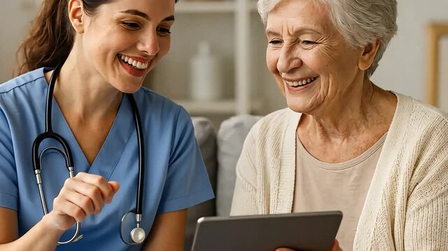 Digital Connection: A healthcare professional assists a senior with a tablet, fostering connection and learning. Focus on the relationship, the shared moment, and the technology.