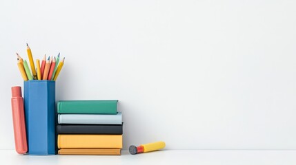 Fototapeta premium Colorful stationery collection with books and art supplies on desk