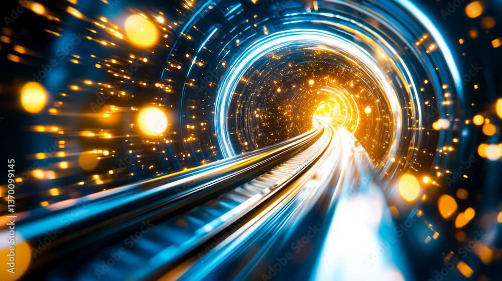 Poster bright tunnel filled with glowing particles creating dynamic movement. futuristic design with smooth