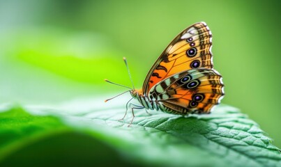 Obraz premium Close-up captures the intricate patterns of an orange and black butterfly perched on a lush green leaf.