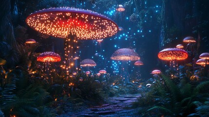 A hidden botanical garden with giant glowing mushrooms and bioluminescent plants 
