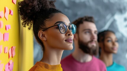A diverse team brainstorming startup ideas on a glass board in a contemporary workspace