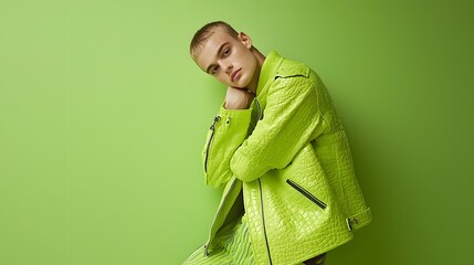 Striking fashion portrait of a stylish male model wearing a textured leather jacket leaning against a bold lime green background for an edgy urban aesthetic