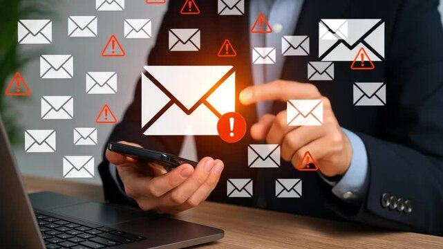 Digital Alert: A close-up shot showing a person's hand interacting with a mobile phone, with many email icons and alert symbols in a visually compelling way that is easily recognizable 