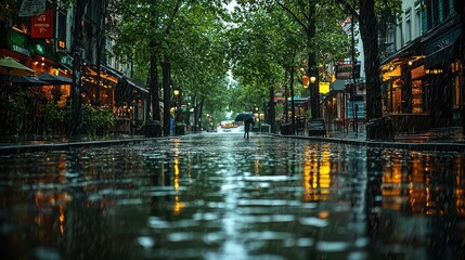 Obraz premium Rainy Street Scene with Reflections in Urban Environment at Night
