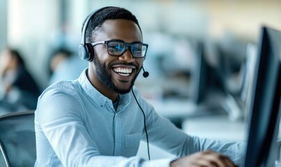 Smiling customer service representative with headset ready to assist with technical support.